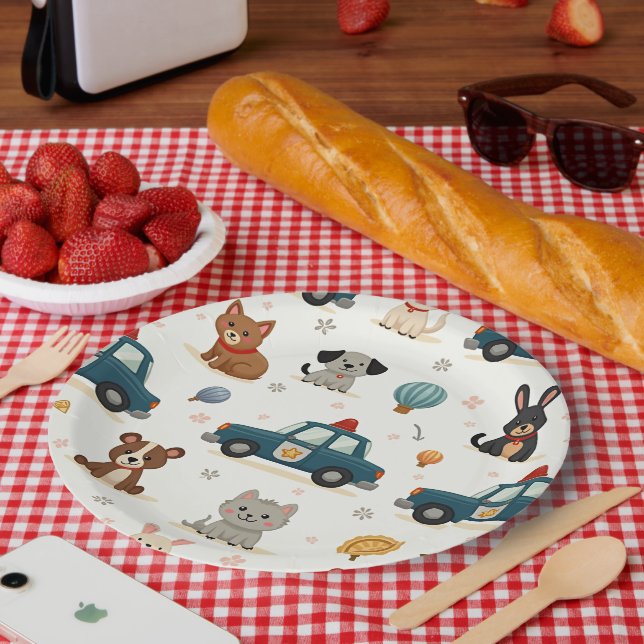 Cute police cars and animals paper plate (Picnic)