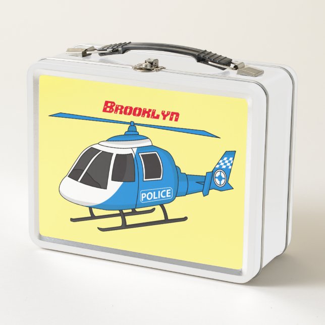 Cute police department helicopter chopper cartoon  metal lunch box (Front)