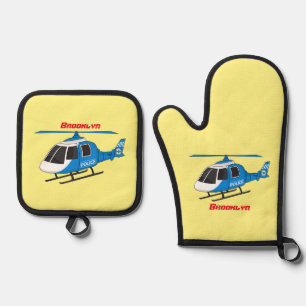 Cute police department helicopter chopper cartoon oven mitt & pot holder set
