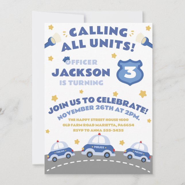 Cute Police Invitation for Birthday Officer Patrol (Front)