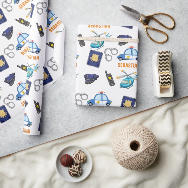Cute Police Officer and Car Birthday Party Wrapping Paper (Crafts)