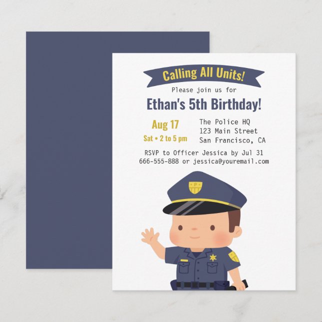 Cute Police Officer Boy Birthday Party Invitation (Front/Back)