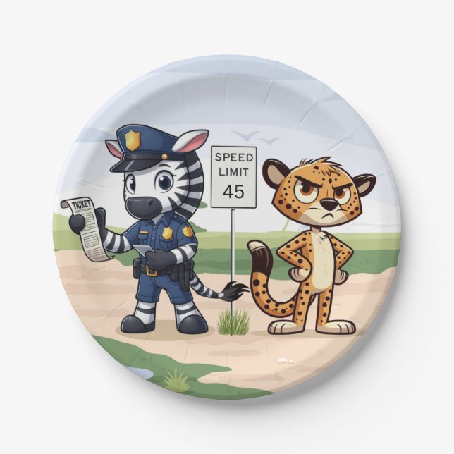 cute police zebra & cheetah paper plate (Front)