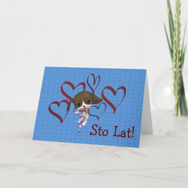 Cute Polish Birthday Card Puppy Hearts (Front)