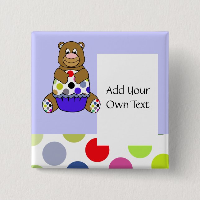 Cute Polka Dot Brown Birthday Bear Custom Button (Front)