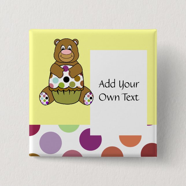 Cute Polka Dot Brown Birthday Bear Custom Button (Front)