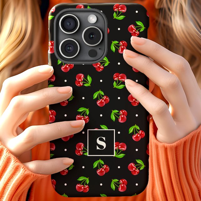 Cute Polka Dot Cherries On Black Monogram Case-Mate iPhone Case (Creator Uploaded)