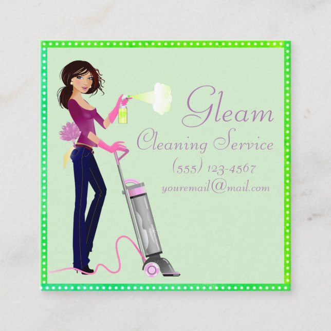 Cute Polka Dot Cleaning Service Lady Square Business Card (Front)