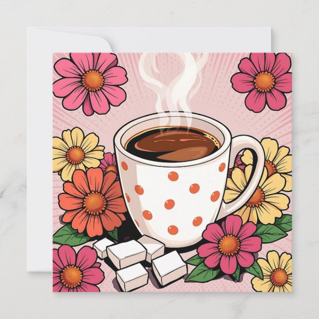Cute Polka Dot Coffee Cup and Flowers Blank (Front)