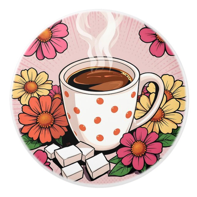 Cute Polka Dot Coffee Cup and Flowers Ceramic Knob (Front)
