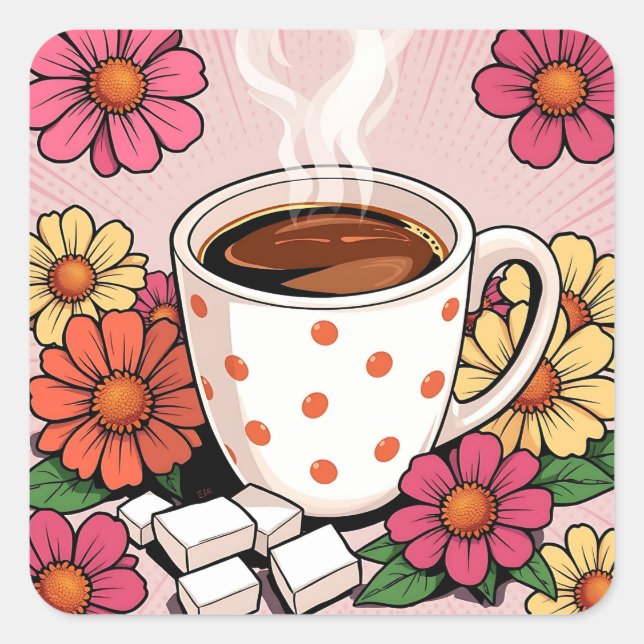 Cute Polka Dot Coffee Cup and Flowers Square Sticker (Front)