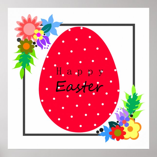 Cute polka dot Easter egg with floral wreath. Poster (Front)
