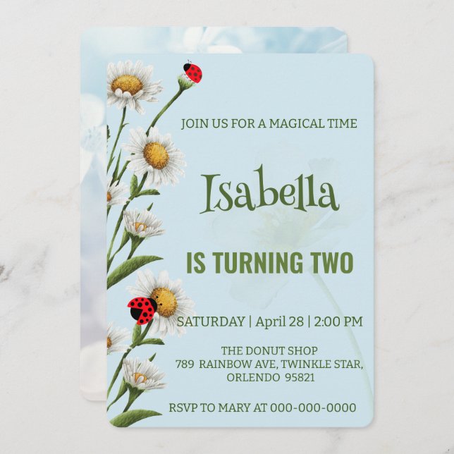 Cute Polka dot Ladybug Blue Daisy Kids Birthday  Invitation (Front/Back)