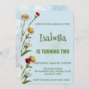 Cute Polka dot Ladybug Blue Daisy Kids Birthday  Invitation