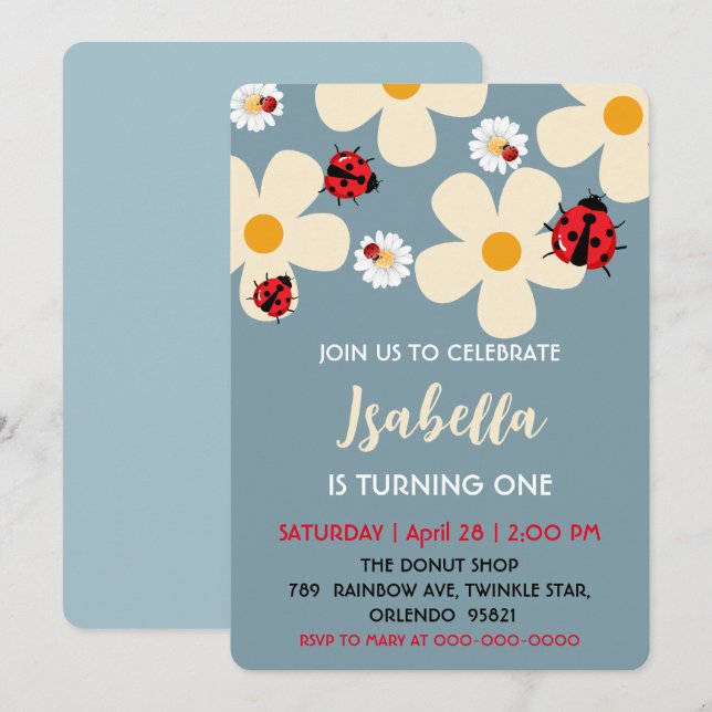 Cute Polka dot Ladybug Daisy Flower 1st Birthday  Invitation (Front/Back)