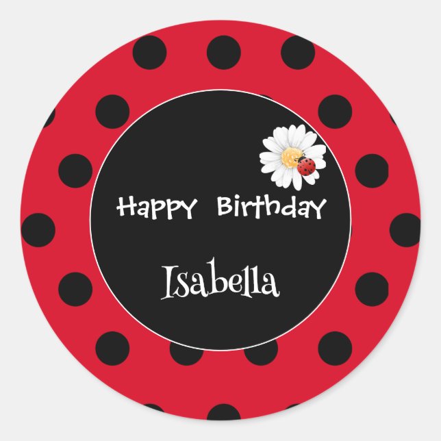 Cute Polka dot Ladybug Daisy Flower Birthday Party Classic Round Sticker (Front)