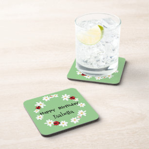 Cute Polka dot Ladybug Daisy Flower Birthday Party Coaster