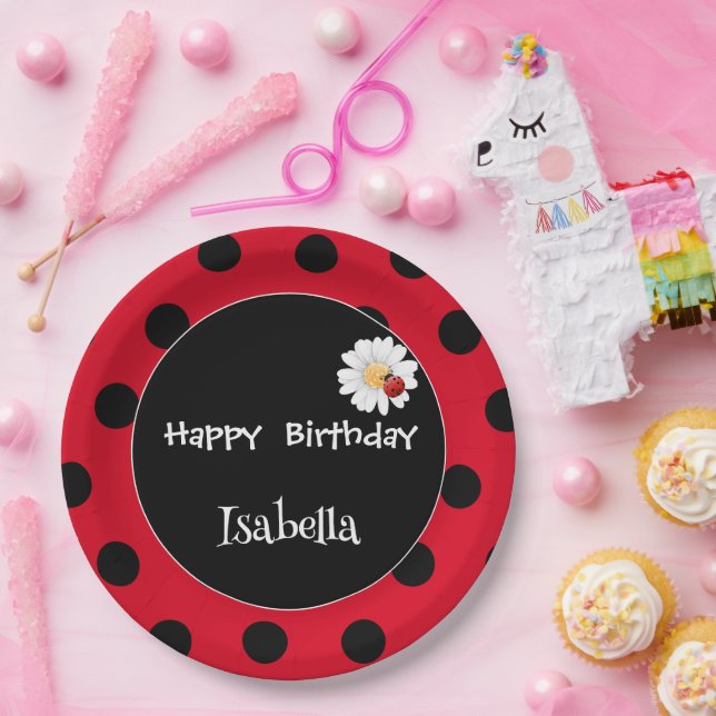 Cute Polka dot Ladybug Daisy Flower Birthday Party Paper Plate (Party)
