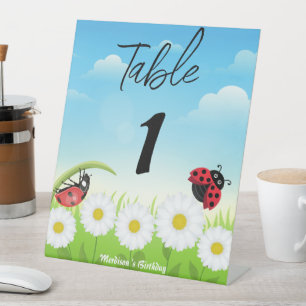 Cute Polka dot Ladybug Daisy Flower Birthday Party Pedestal Sign