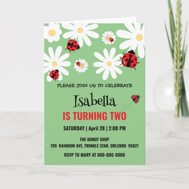 Cute Polka dot Ladybug Daisy Kids Birthday Partry Invitation (Front)