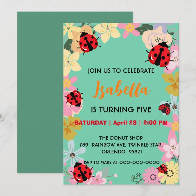 Cute Polka dot Ladybug Daisy Sprin Flower Birthday Invitation (Front/Back)
