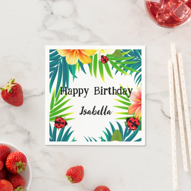 Cute Polka dot Ladybug Summer Flower palm Birthday Napkin (Insitu)