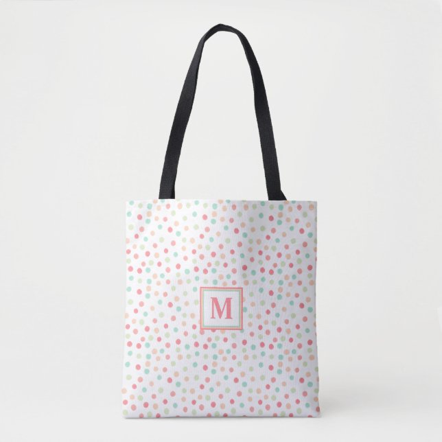 Cute Polka-Dot Monogram in Pink, Blue and Green Tote Bag (Front)