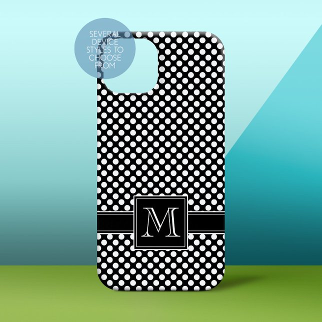 Cute Polka Dot Pattern and Monogram Case-Mate iPhone Case (Personalized Phone Case - Solid Black Background with Monogram)