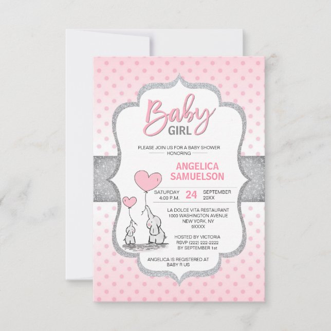Cute Polka Dot Pink Grey Elephant Baby Shower GIRL Invitation (Front)