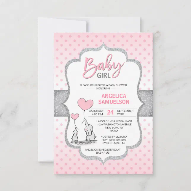 Cute Polka Dot Pink Grey Elephant Baby Shower GIRL Invitation | Zazzle