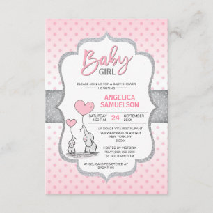 Cute Polka Dot Pink Grey Elephant Baby Shower GIRL Invitation