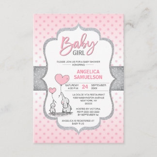 Cute Polka Dot Pink Grey Elephant Baby Shower GIRL Invitation
