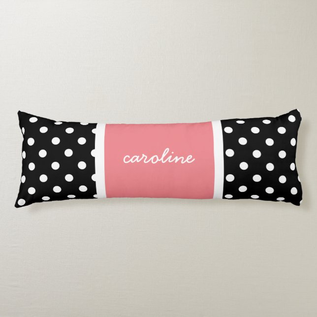 Cute Polka Dots, Black/White & Rose, Add your name Body Cushion (Front)