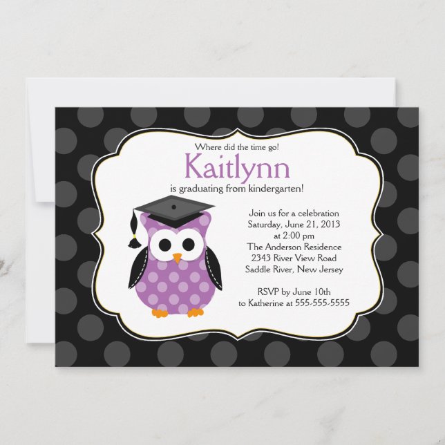 Cute Polka Dots Grad Owl Girl Graduation Invitation (Front)