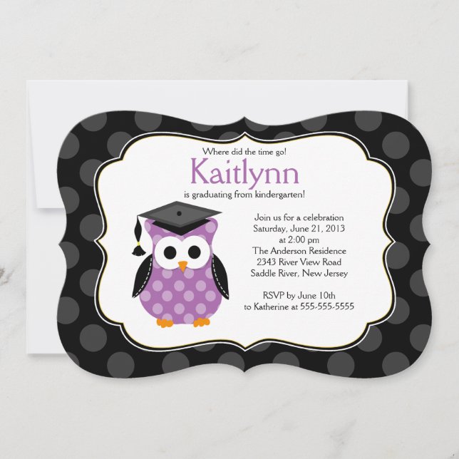 Cute Polka Dots Grad Owl Girls Graduation Invitation (Front)