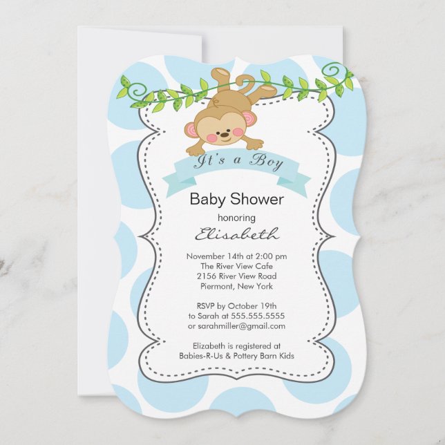 Cute Polka Dots & Monkey boy Baby Shower Invitation (Front)