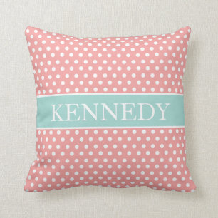 Cute Polka Dots Monogram Light Coral Mint Green Cushion