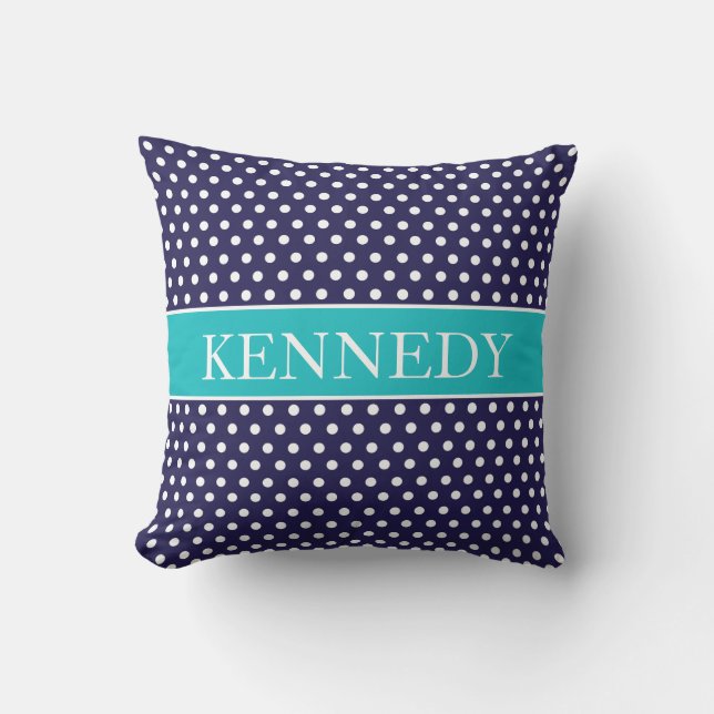 Cute Polka Dots Monogram | Navy Blue Turquoise Cushion (Front)