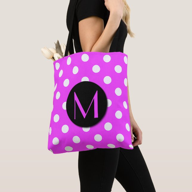 Cute Polka Dots Monogram Pink Tote Bag (Close Up)
