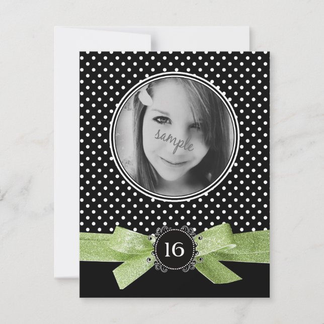 Cute Polka Dots Photo Sweet 16 Lime Green Ribbon Invitation (Front)
