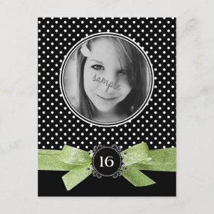 Cute Polka Dots Photo Sweet 16 Lime Green Ribbon Invitation