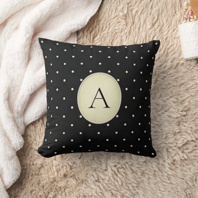 Cute Polka Dots (Yellow) Monogrammed Black Cushion (Blanket)