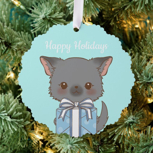 Cute Pomchi with a Present Aqua Happy Holiday  Tree Decoration Card (Insitu (Tree))