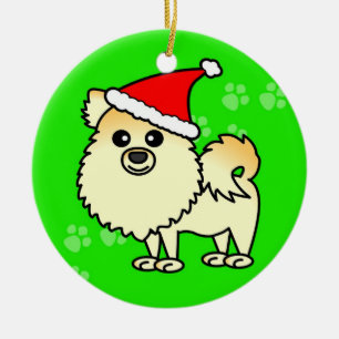 Cute Pomeranian Cartoon Santa Hat Ceramic Tree Decoration