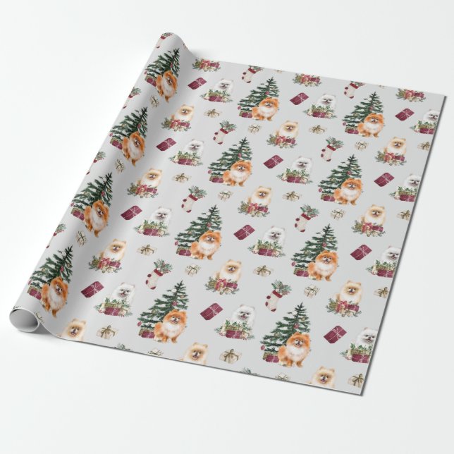Cute Pomeranian Christmas Wrapping Paper (Unrolled)