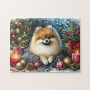 Cute Pomeranian Cosy Watercolor Winter Art Jigsaw Puzzle