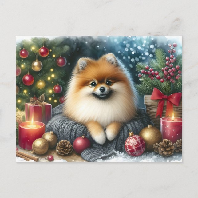 Cute Pomeranian Cosy Watercolor Winter Art Postcard (Front)