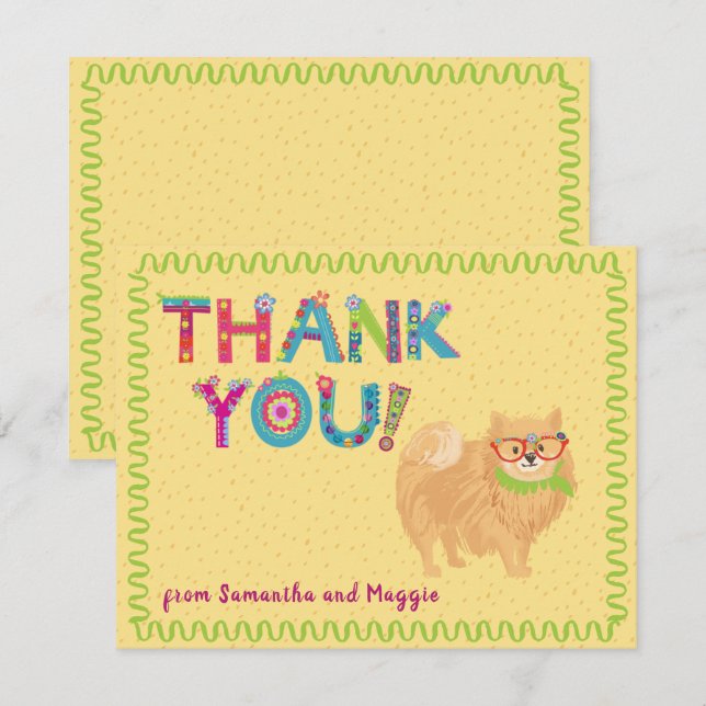 Cute Pomeranian Dog Fun Colourful Floral Letters  Thank You Card (Front/Back)