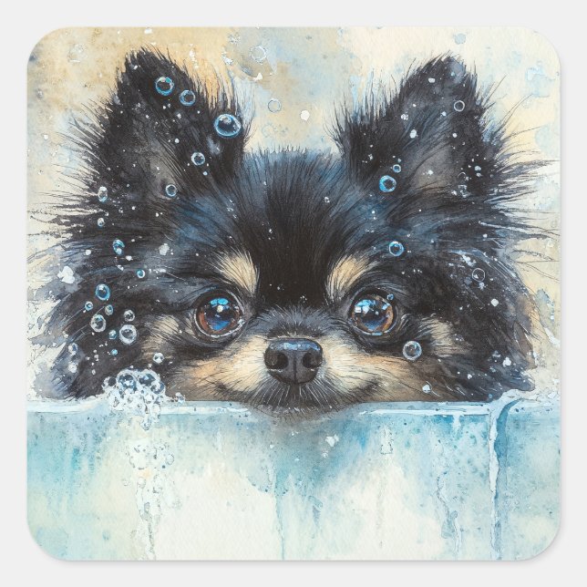 Cute Pomeranian Dog in the Bathtub Square Sticker (Front)