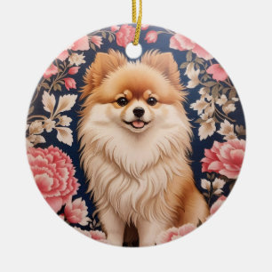 Cute Pomeranian Dog Pink Floral Ceramic Tree Decoration